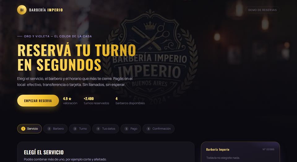 Barbería Imperio — Demo de reserva de turnos con estética premium.