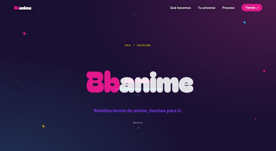 BBAnime — Web con efectos de scroll 3D para botellas personalizadas.